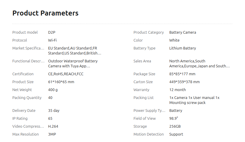 IP65 Waterproof Battery Camera product parameters